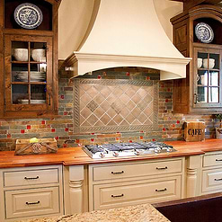 Slate Burgundy Glass Mosaic Backsplash Tile Brown Wood Countertop BA1026