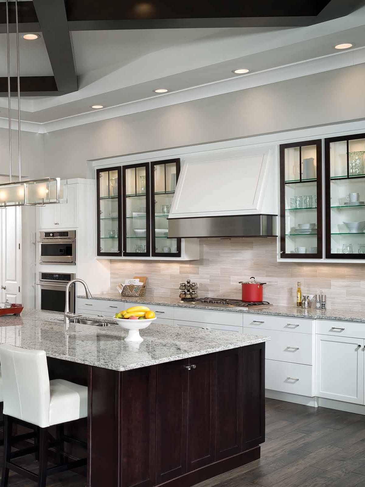 Gray Granite Countertop Brown Cabinet Warm Gray Marble Subway Backsplash Tile BA2007