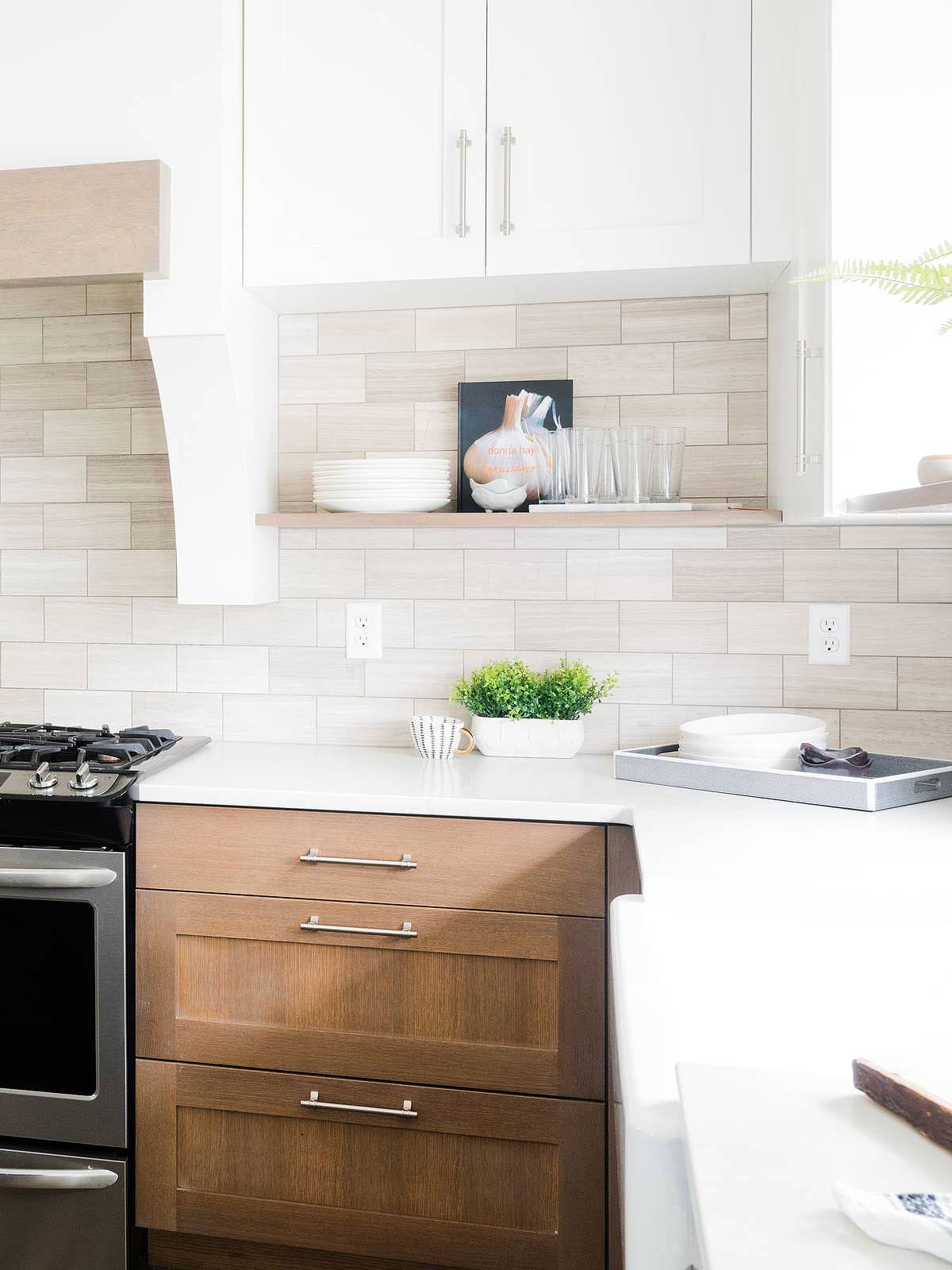 Two Tones Cabinet With Warm Gray Marble Subway Backsplash Tile BA2007
