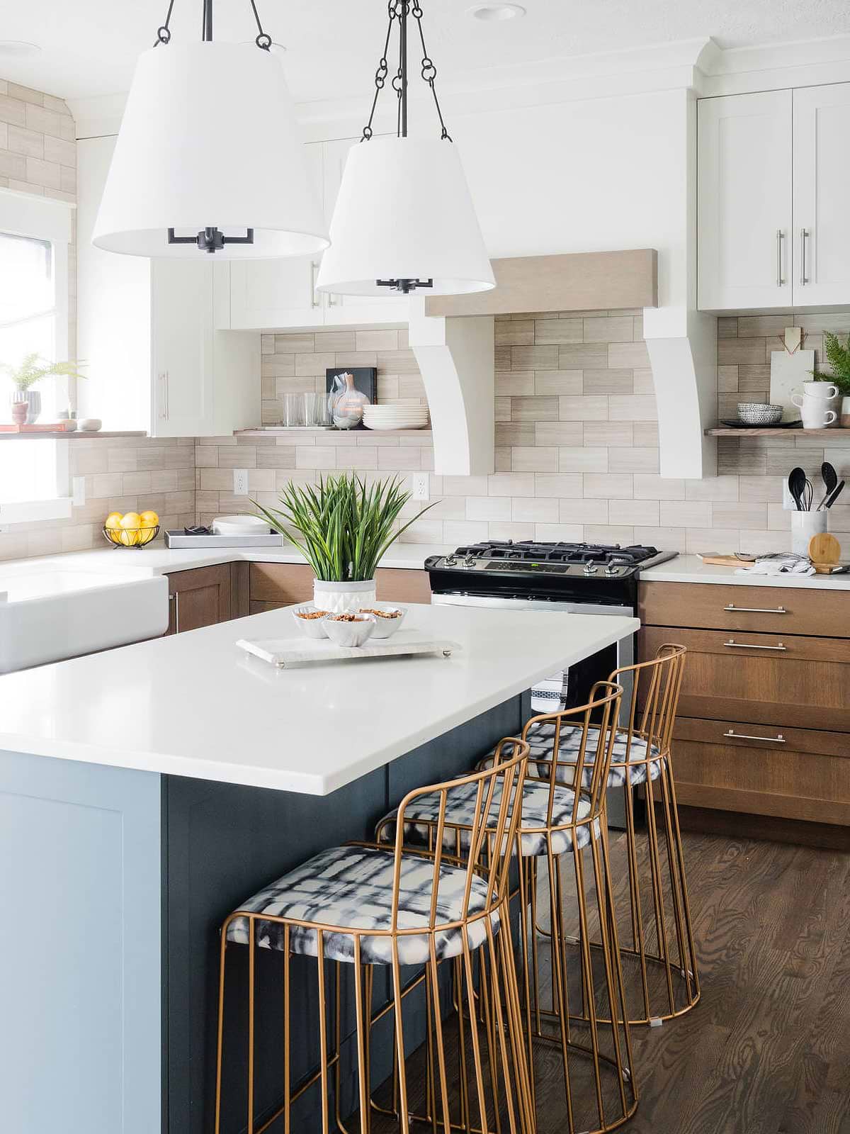 White Blue Brown Kitchen With Warm Gray Marble Subway Backsplash Tile BA2007