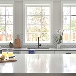 quartz countertop flower backsplash tile