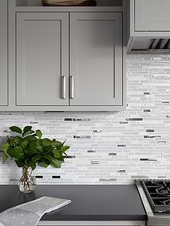 black granite countertop gray cabinets white quartz backsplash tile BA62038
