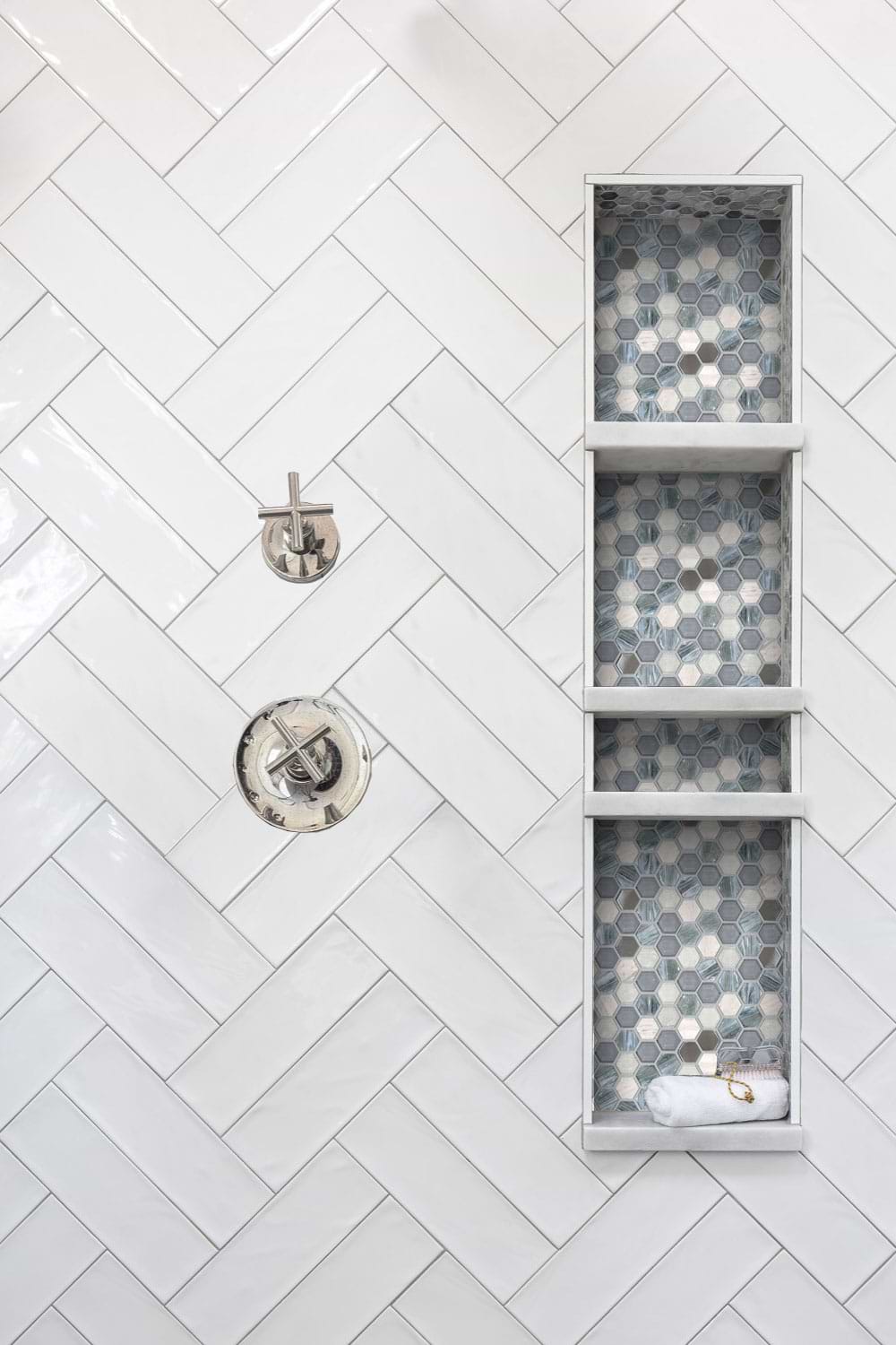 blue glass mosaic tile shower wall design