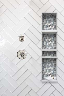 blue glass mosaic tile shower wall design