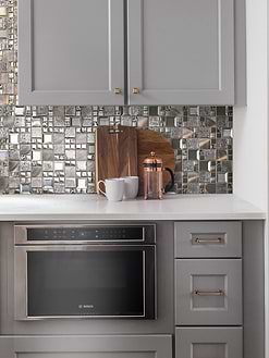 gray cabinet white countertop copper glass backsplash tile BA62010