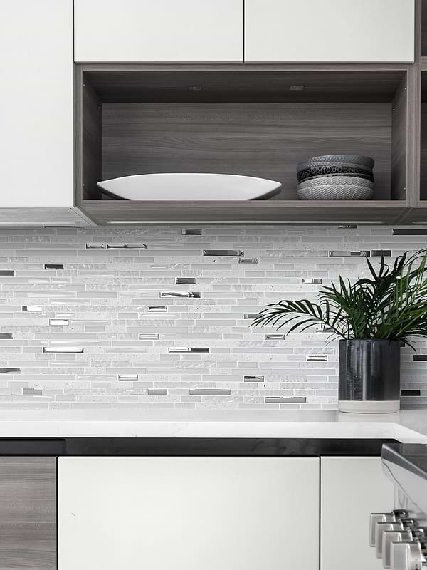 modern white kitchen cabinets with quartz backsplash tile BA62038