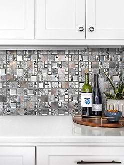 white kitchen with copper glass backsplash tile BA62010