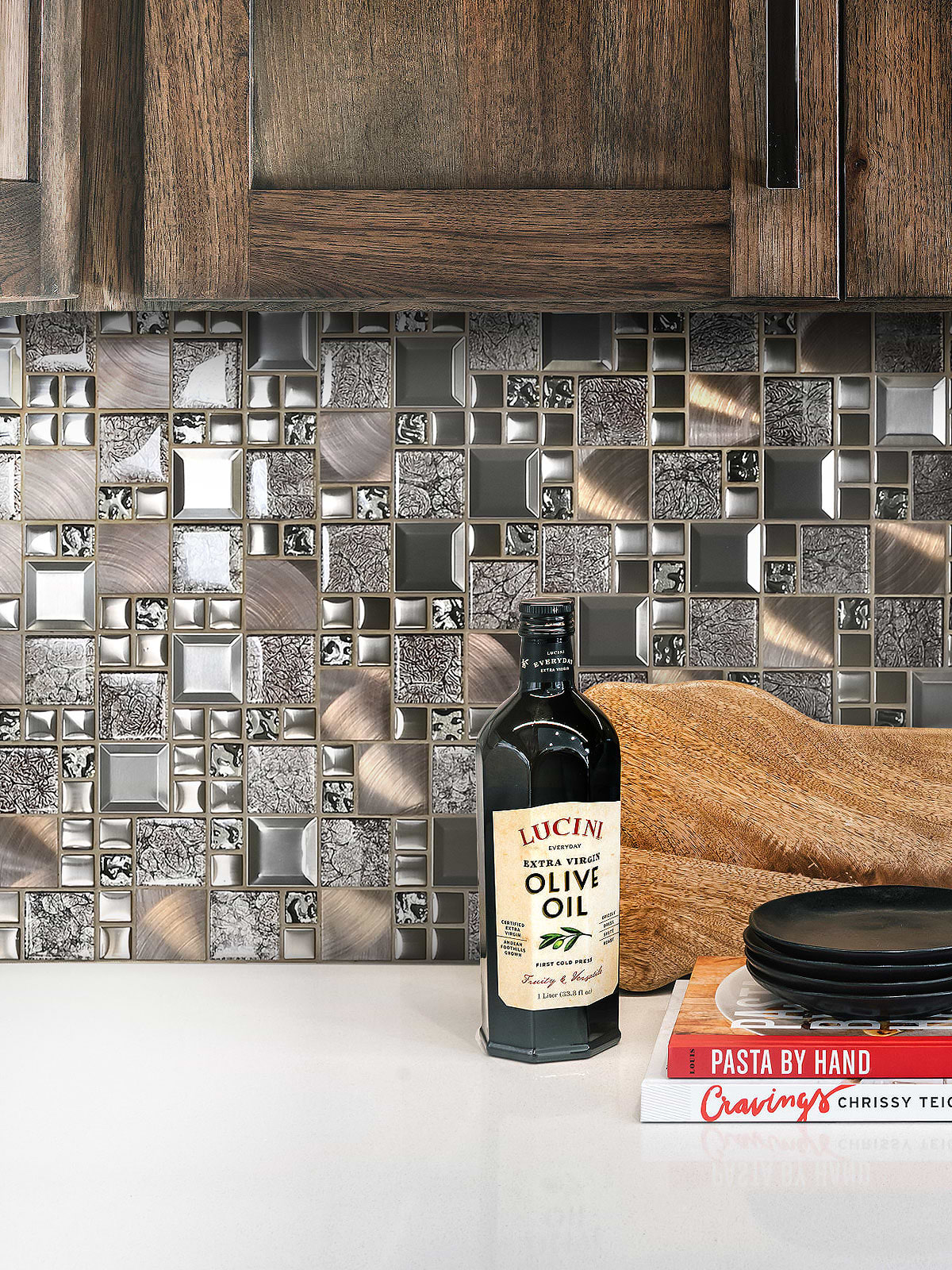 white quartz countertop brown cabinet backsplash tile BA62010