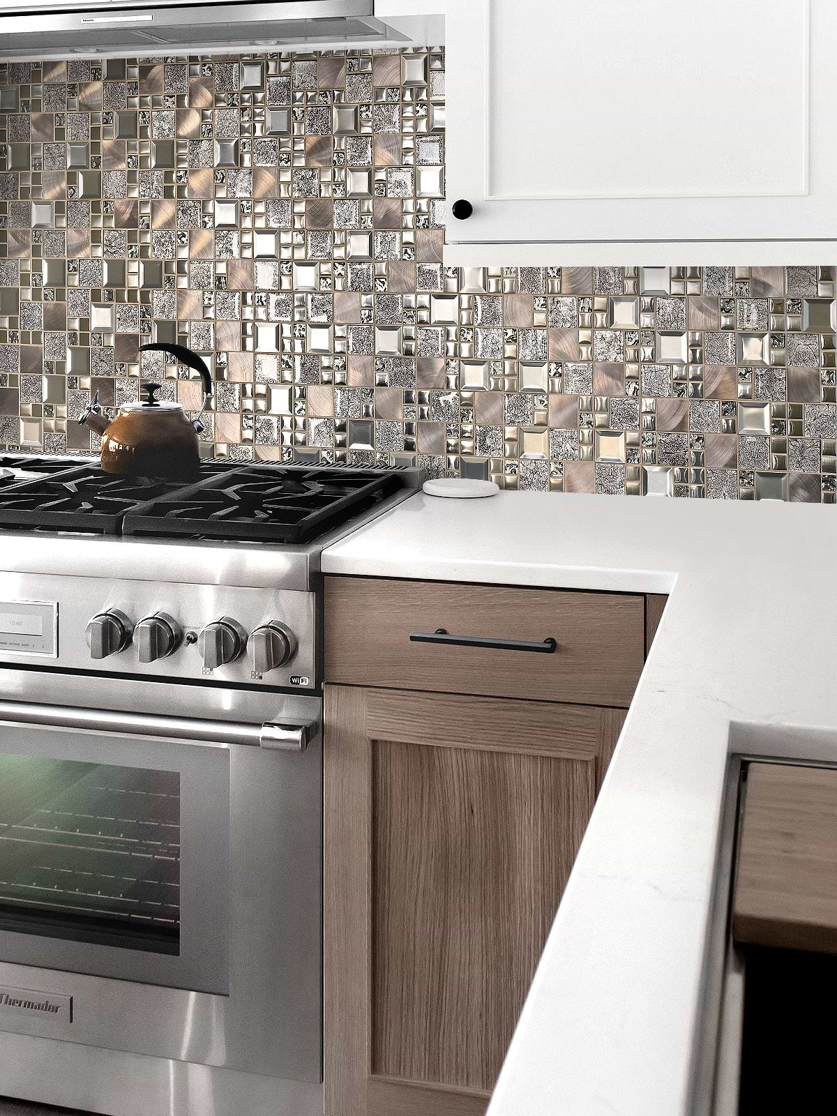white quartz countertop brown cabinet copper glass backsplash tile BA62010