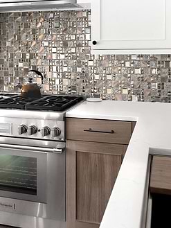white quartz countertop brown cabinet copper glass backsplash tile BA62010