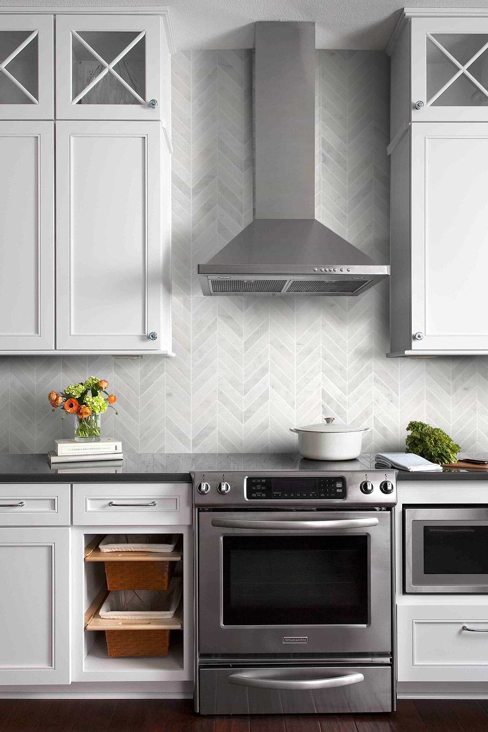 Farmhouse Transitional Kitchen Black Granite Countertop Chevron Backspash Tile