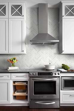 Farmhouse Transitional Kitchen Black Granite Countertop Chevron Backspash Tile