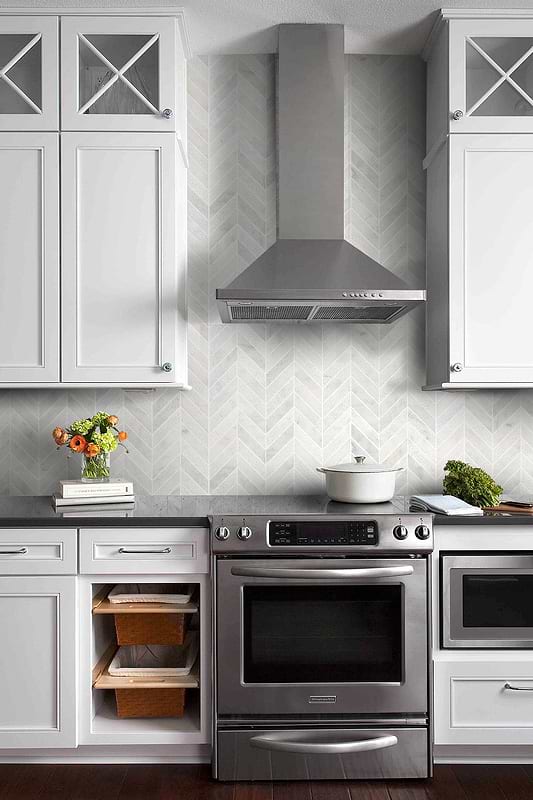 Farmhouse Transitional Kitchen Black Granite Countertop Chevron Backspash Tile