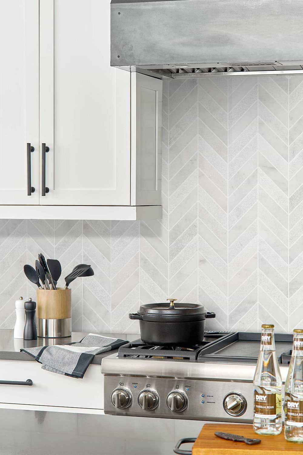 White Kitchen Cabinets Chevron Backsplash Tile