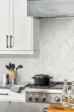 White Kitchen Cabinets Chevron Backsplash Tile