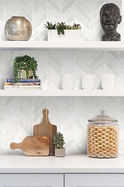 White Kitchen With Chevron Marble Backsplash Tile