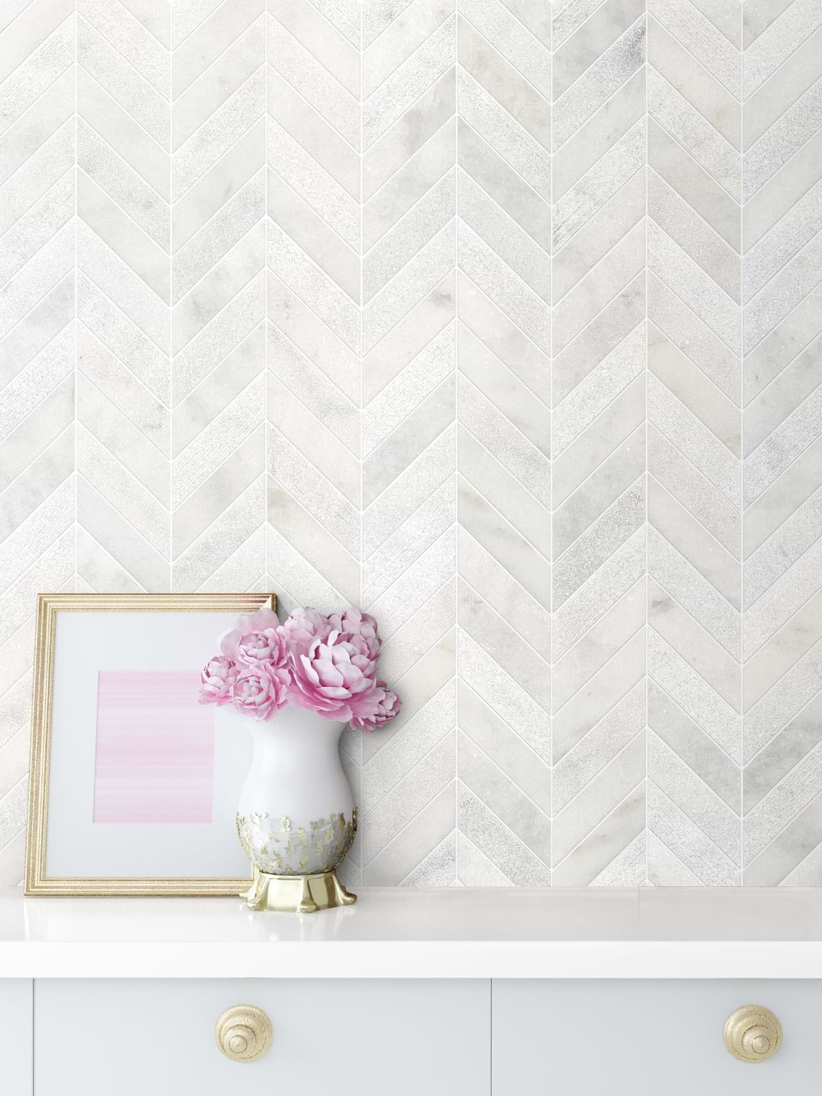 White modern marble chevron mosaic backsplash tile BA631613