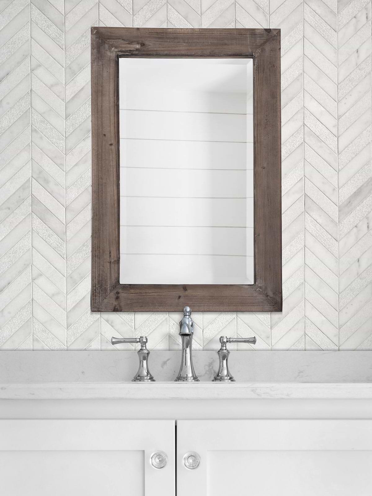 white marble bathroom vanity marble chevron tile wall BA631613