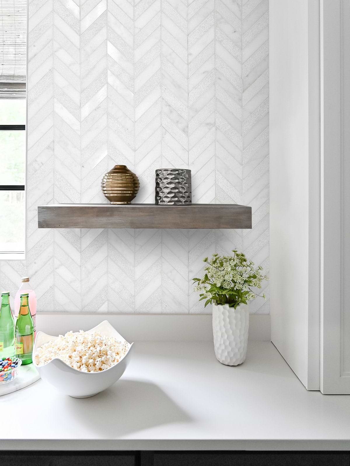 white quartz countertop with white marble chec