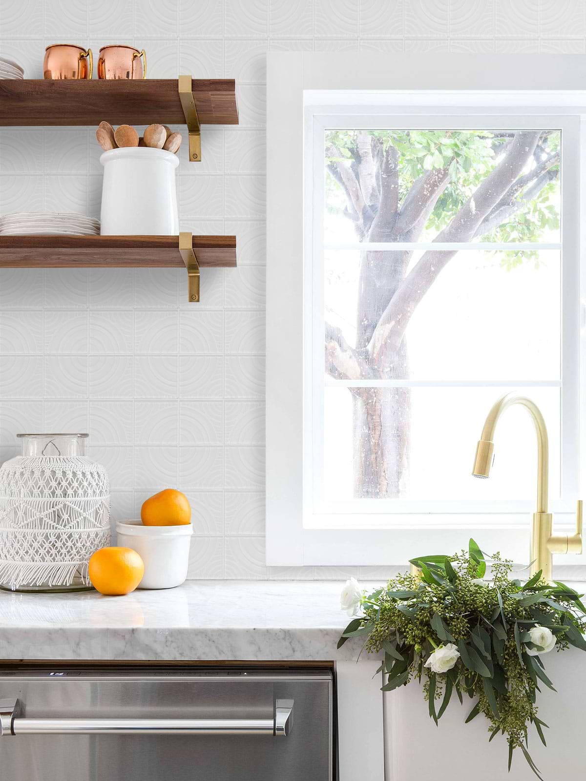 White glass backsplash tile white kitchen