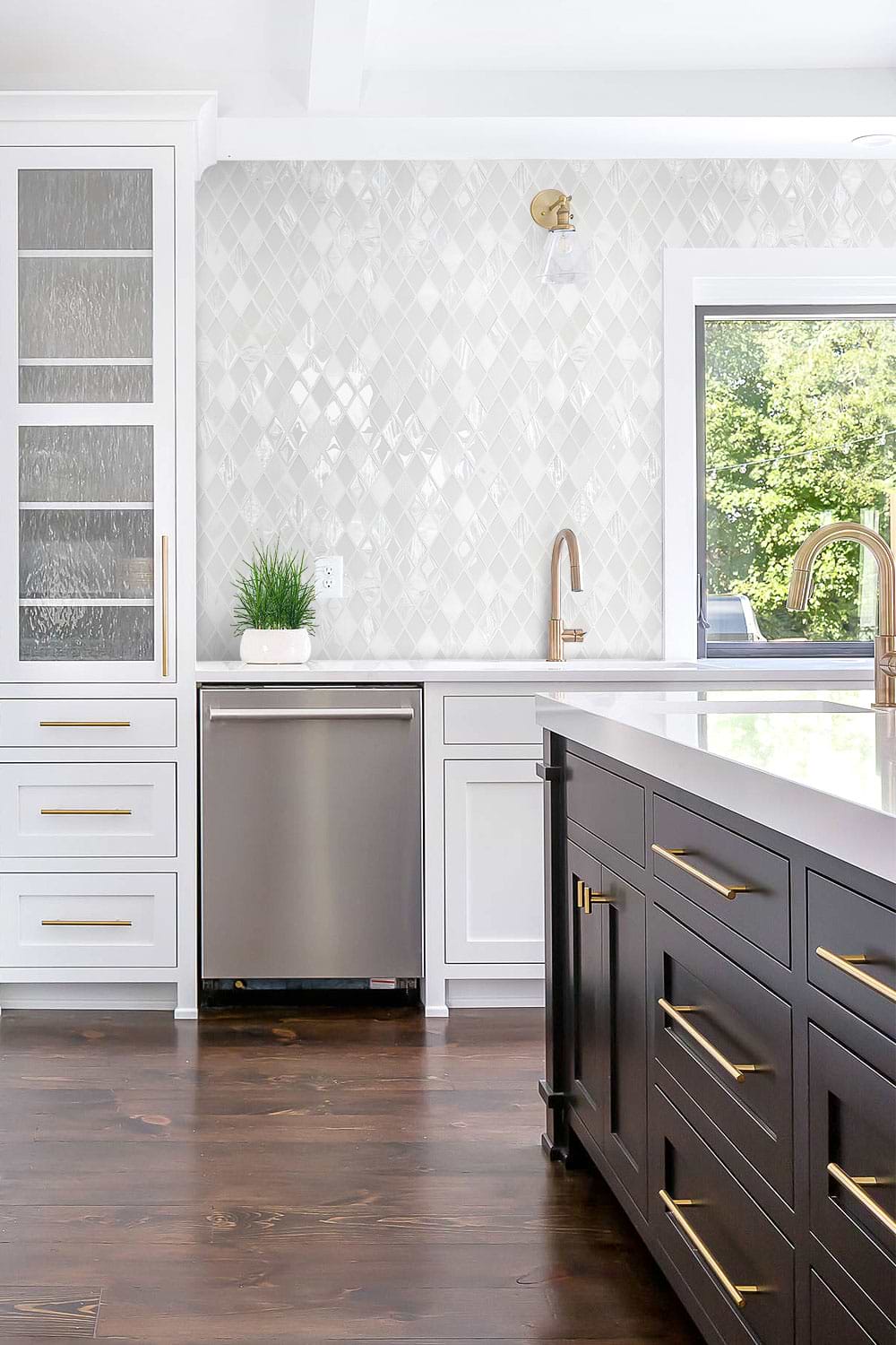 Brown Cabinet White Backsplash Tile