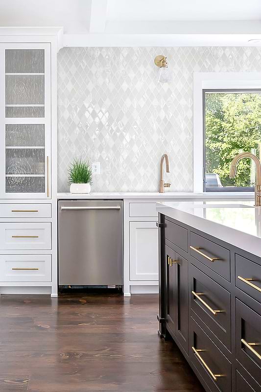 Brown Cabinet White Backsplash Tile