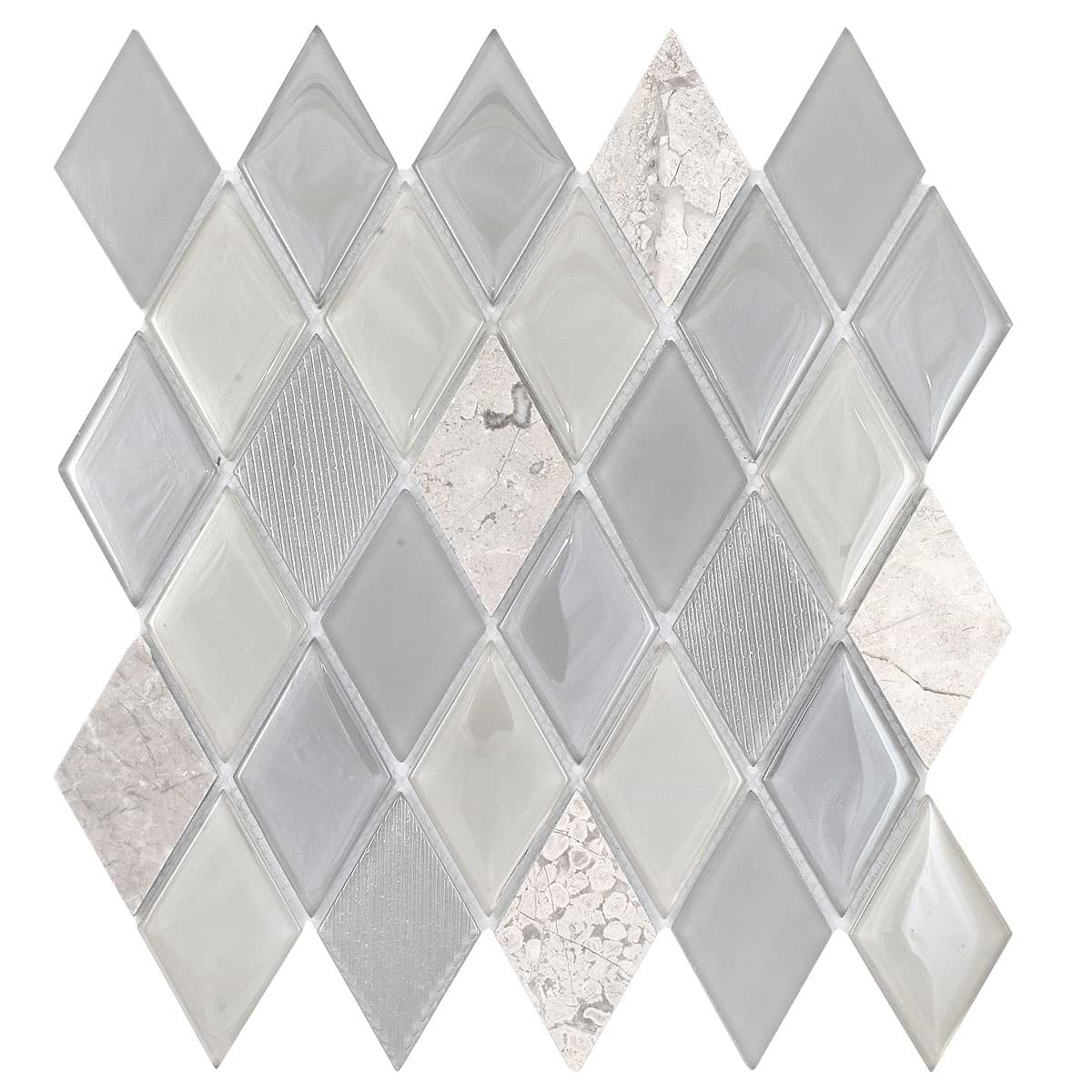 Gray Glass and Marble Rhomboid Design Backsplash Tile