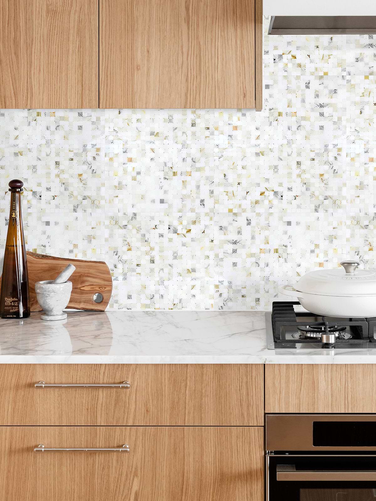 Brown Modern Cabinet with Cube Calacatta Gold Mosaic Tile BA7007