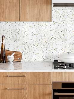 Brown Modern Cabinet with Cube Calacatta Gold Mosaic Tile BA7007