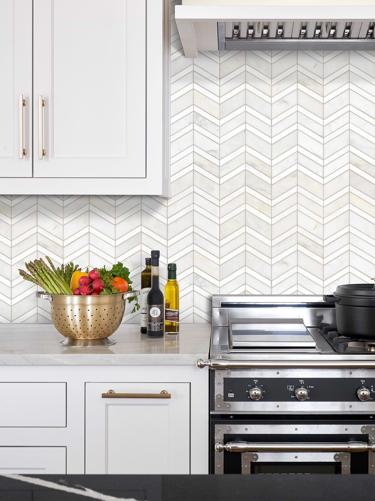 White Cabinet White Gray Gold Chevron Marble Tile BA6311