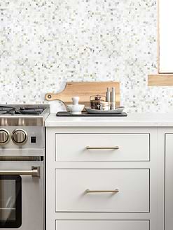 White Cabinet with Cube Calacatta Gold Mosaic Tile BA7007