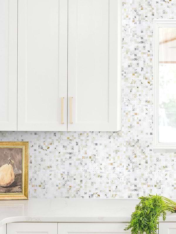 White Kitchen with Cube Calacatta Gold Mosaic Tile BA7007