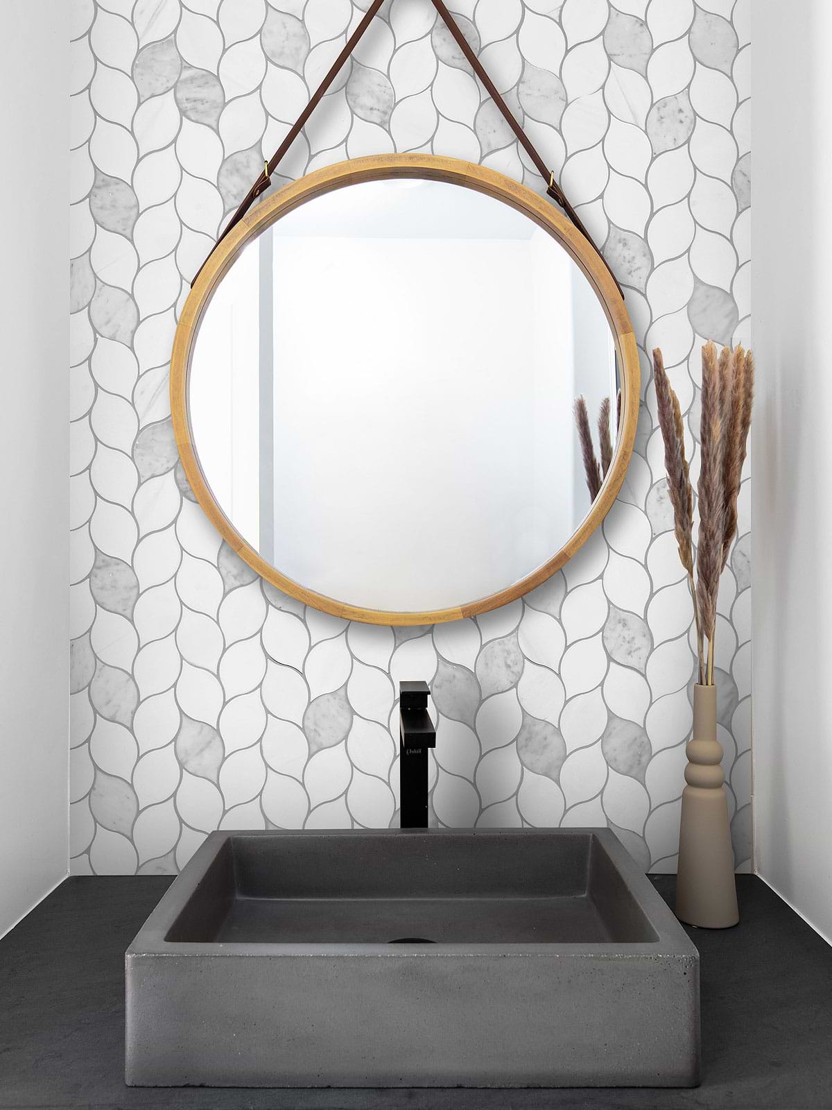 Black Bathroom Vanity with Marble Leaf Mosaic Tile BA6316