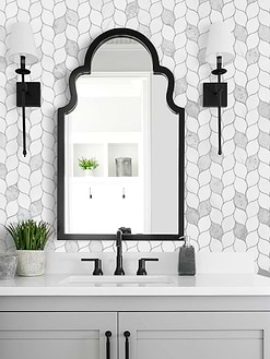 Gray Bathroom Vanity with Marble Leaf Mosaic Tile BA6316
