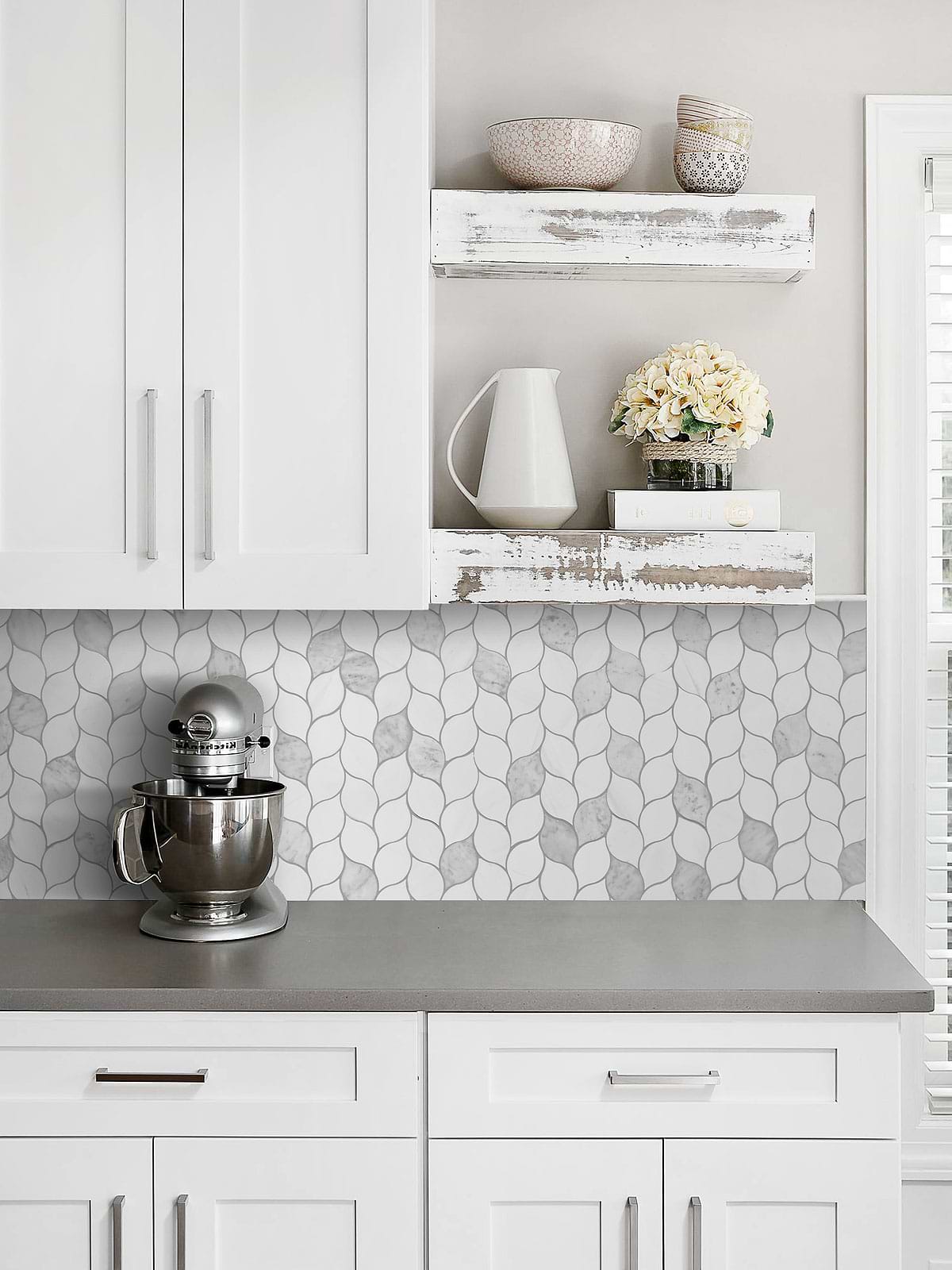 Gray Countertop with Marble Leaf Backsplash Tile BA6316