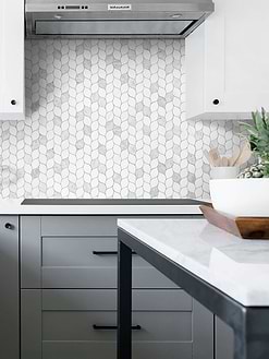 Two Tones Gray Cabinet with Marble Leaf Backsplash Tile BA6316