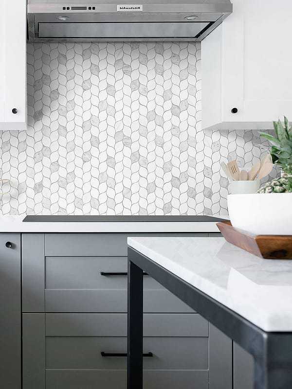 Two Tones Gray Cabinet with Marble Leaf Backsplash Tile BA6316