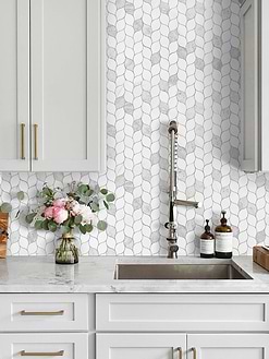 White Kitchen Cabinet with Marble Leaf Backsplash Tile BA6316