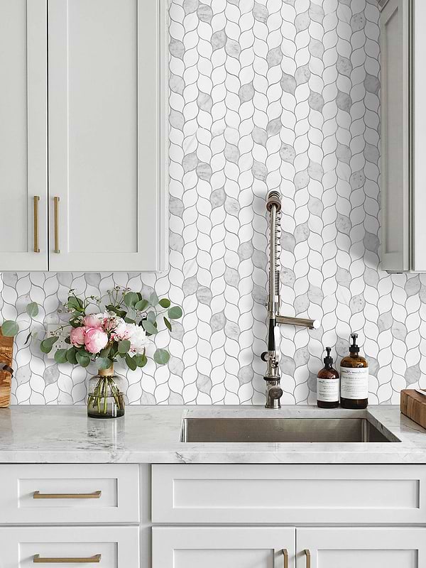 White Kitchen Cabinet with Marble Leaf Backsplash Tile BA6316