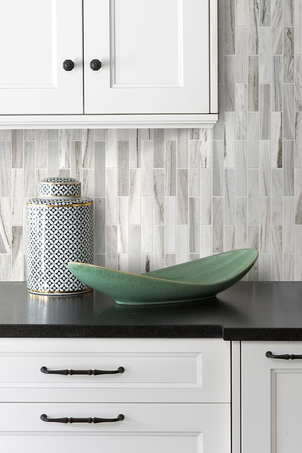 white cabinet black granite countertop subway marble backsplash tile