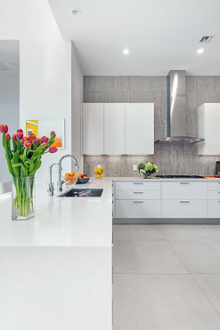 Modern White Cabinets Quartz Countertop Long Gray Modern Backsplash Tile BA1038