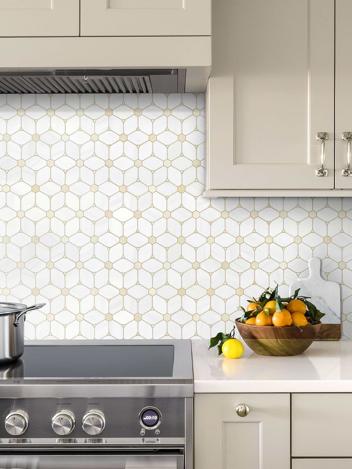 Beige Kitchen Cabinet With Flower Marble Backsplash Tile BA6310