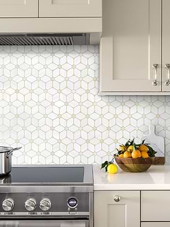 Beige Kitchen Cabinet With Flower Marble Backsplash Tile BA6310