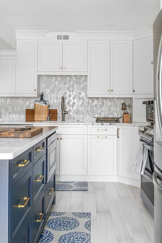 Blue Kitchen Island Gray Floor White Glass And Marble Backsplash BA62046