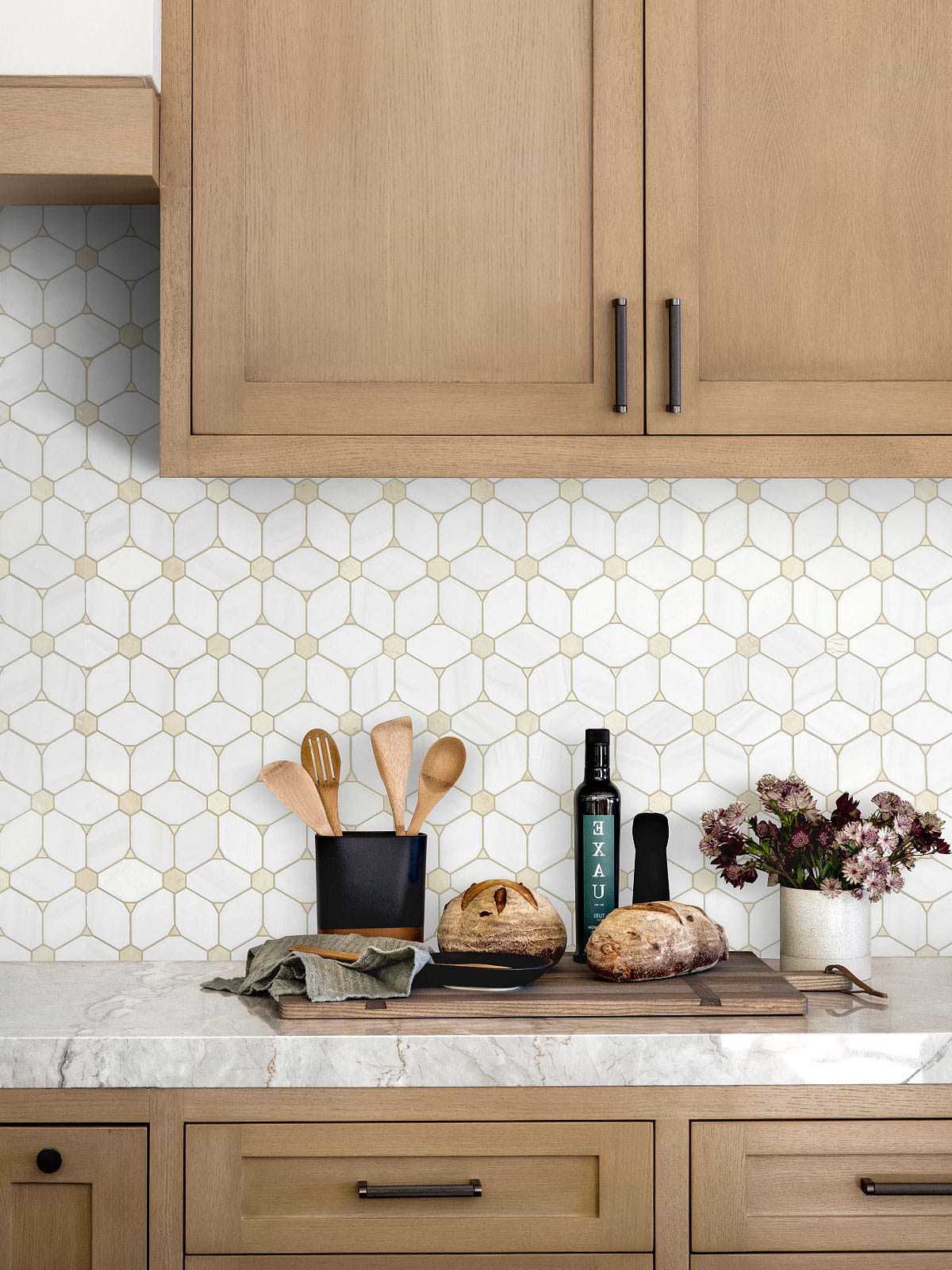 Brown Kitchen Cabinet With Flower Marble Backsplash Tile BA6310