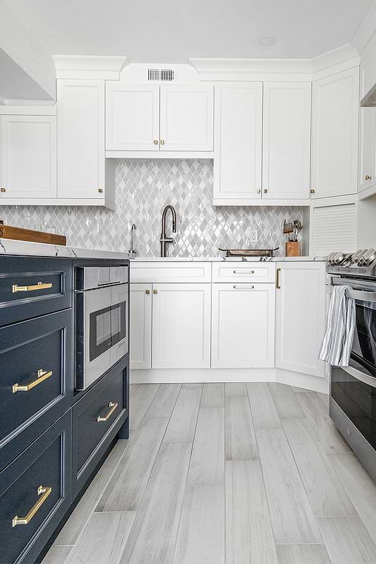 Two Tones Kitchen Cabinets Blue Kitchen Island White Backsplash Tile BA62046