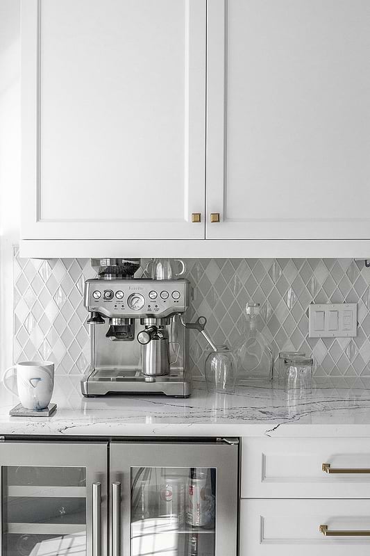 White Countertop With Dark Veins White Kitchen Cabinet White Backsplash Tile BA62046