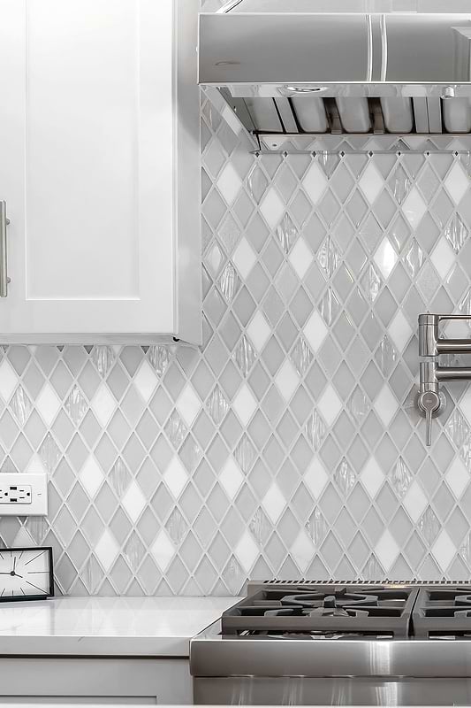 White Kitchen Cabinet White Countertop White Glass And Marble Mosaic Tile BA62046