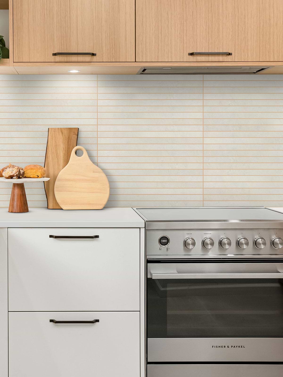 Modern Beige Backsplash Tile with Light Brown Cabinet