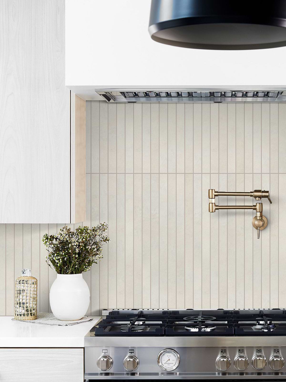 Modern Cabinets with Modern Beige Backsplash Tile